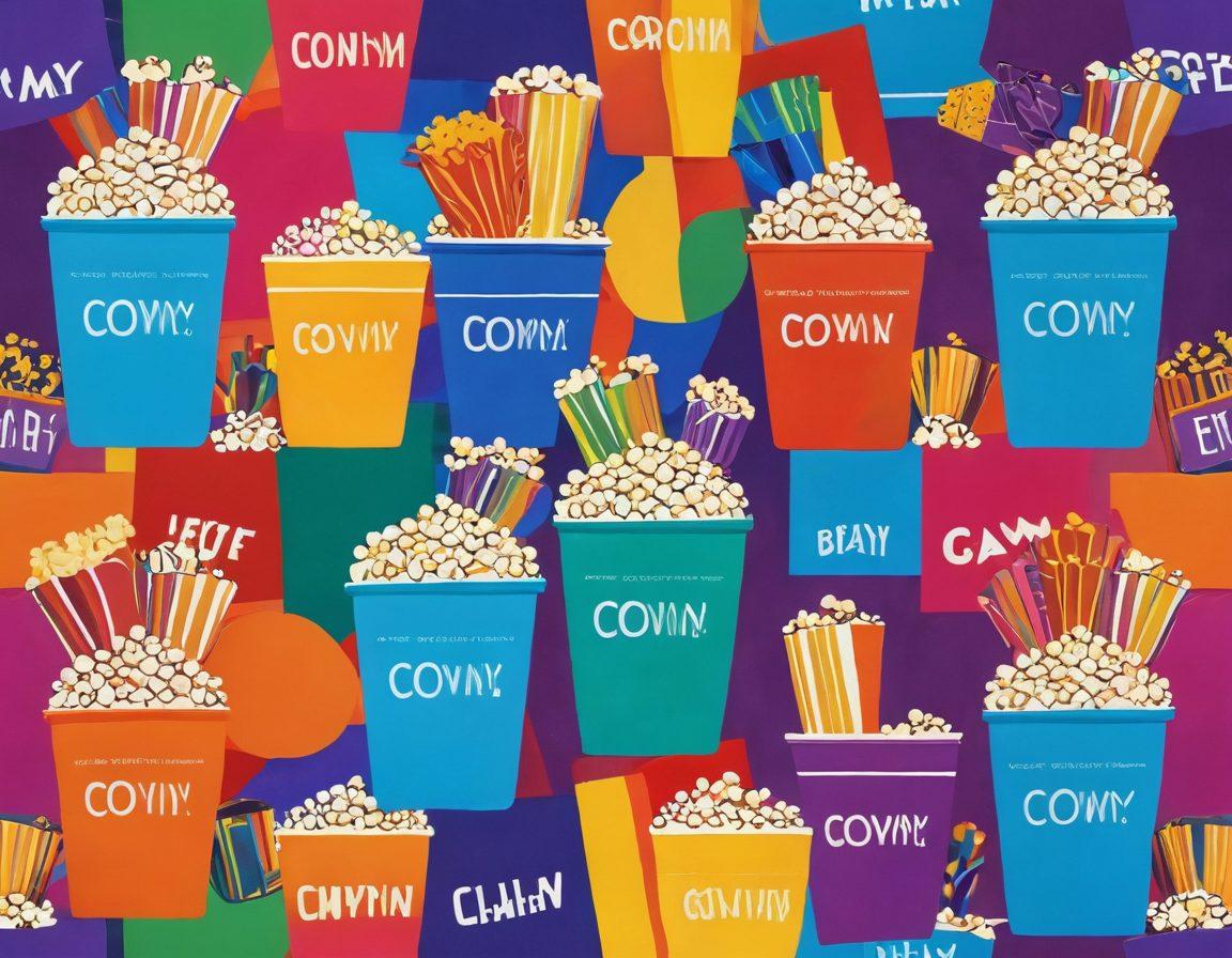 A vibrant collage of iconic gay-themed films, featuring rainbow colors intertwined with film reels and a popcorn bucket. Include silhouettes of diverse couples enjoying cinema together and snippets of colorful adult content art in the background, radiating joy and acceptance. A stylized, celebratory atmosphere to highlight LGBTQ entertainment culture. digital painting. vibrant colors. 3D elements.
