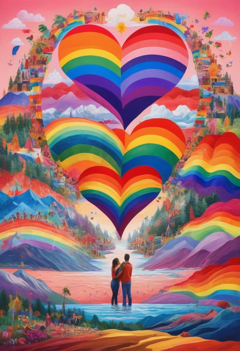A vibrant collage showcasing a plethora of LGBTQ+ symbols, from rainbow flags to heart motifs, intertwined with intimate scenes that celebrate love in various forms, such as couples enjoying candid moments together. The background should feature a colorful, abstract representation of diverse landscapes, highlighting inclusivity and acceptance. Keywords: celebration, intimacy, diversity, visual storytelling. super-realistic. vibrant colors. 3D.